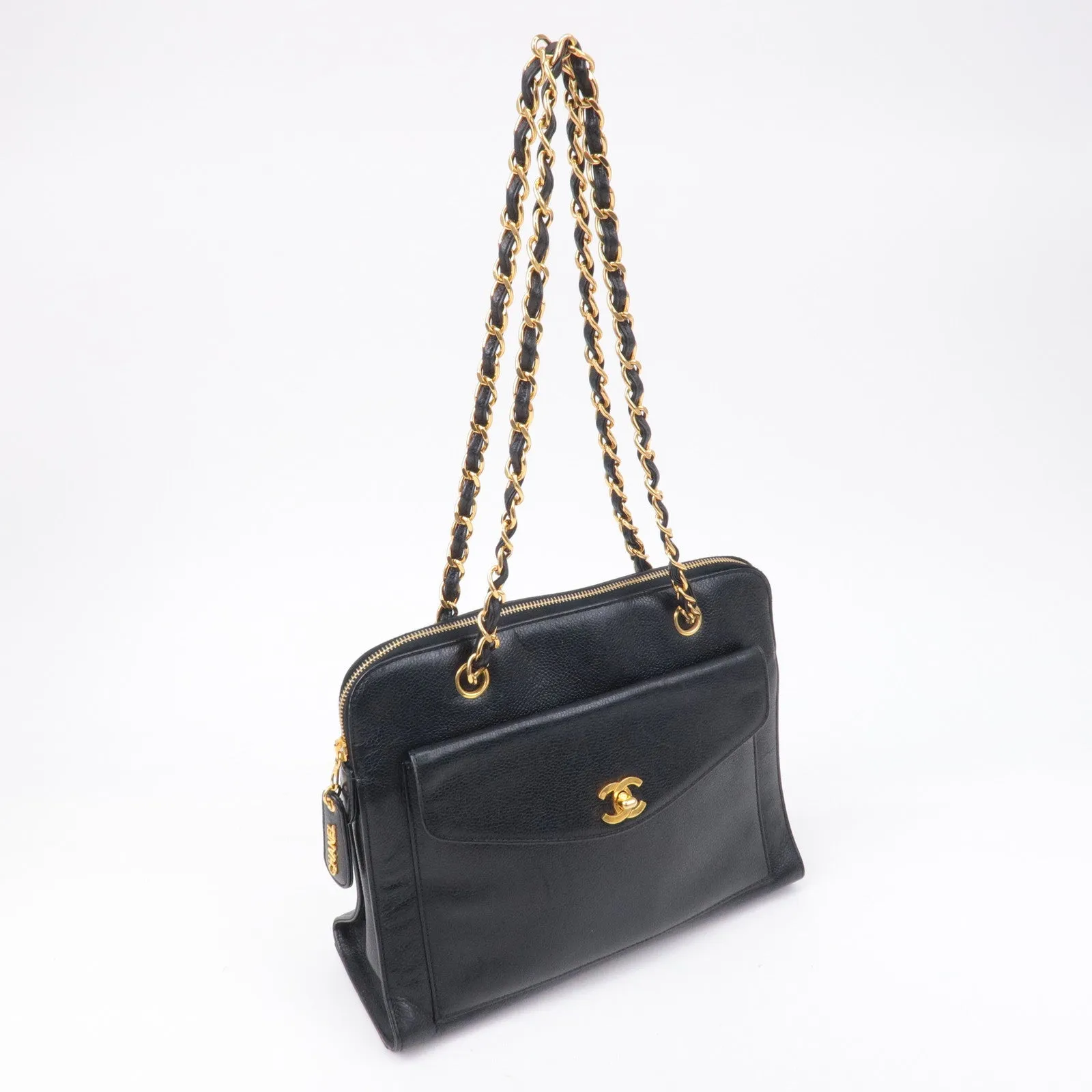 CHANEL Caviar Skin Chain Shoulder Bag Black Gold