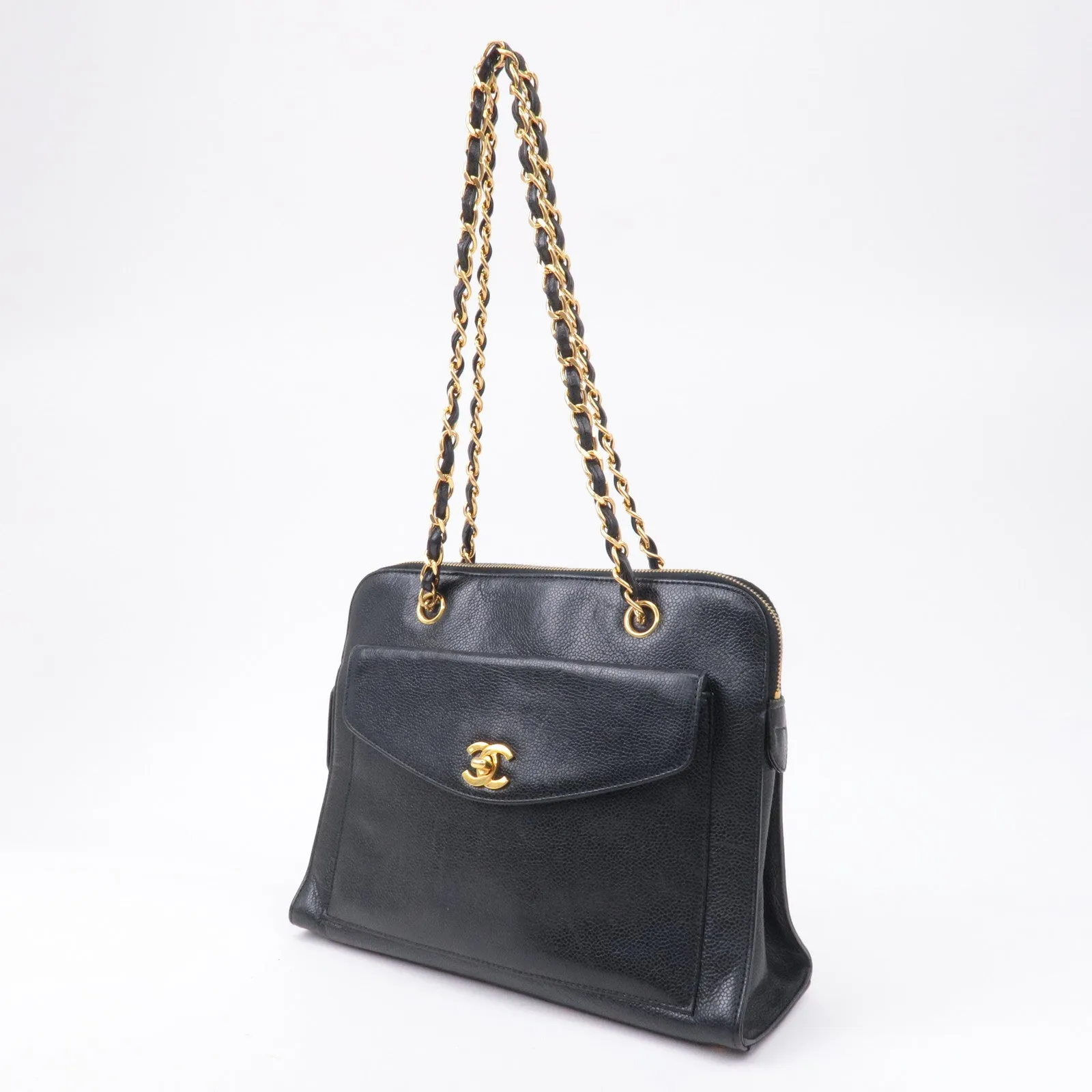 CHANEL Caviar Skin Chain Shoulder Bag Black Gold