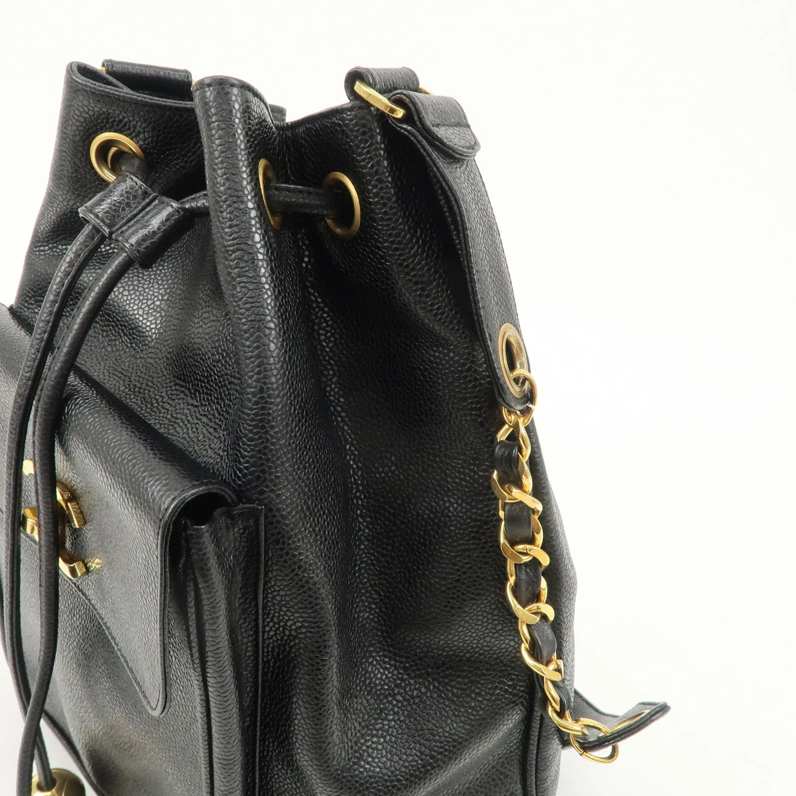 CHANEL Caviar SKin Drawstring Chain Shoulder Bag Black Used