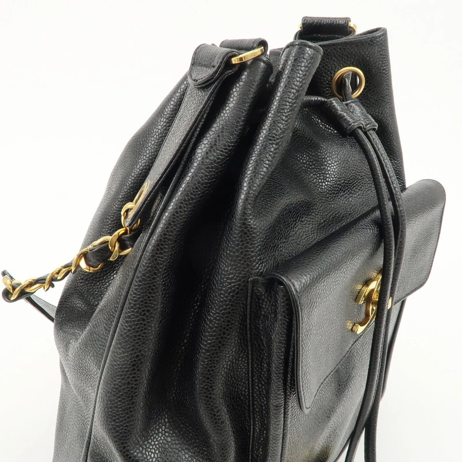 CHANEL Caviar SKin Drawstring Chain Shoulder Bag Black Used
