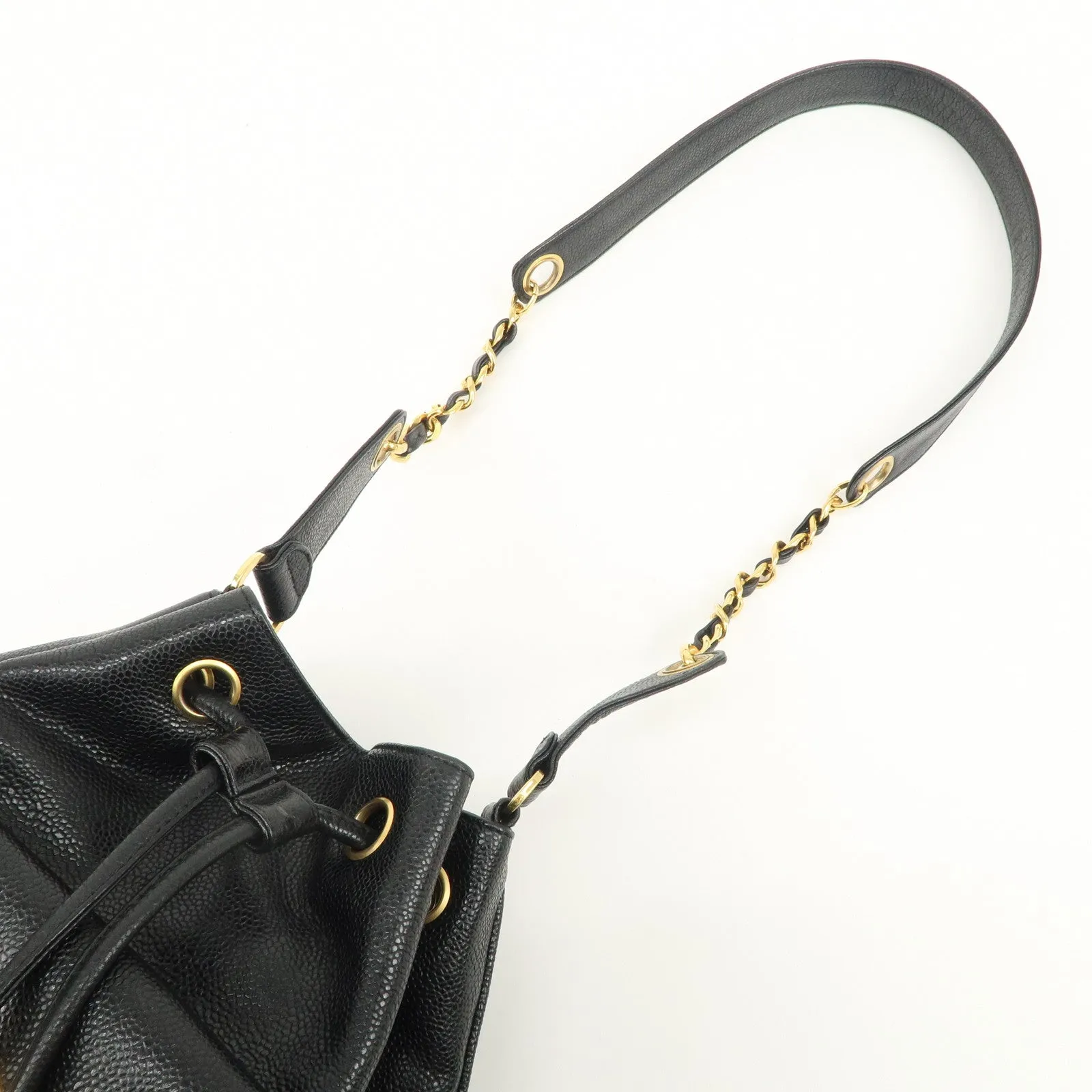 CHANEL Caviar SKin Drawstring Chain Shoulder Bag Black Used