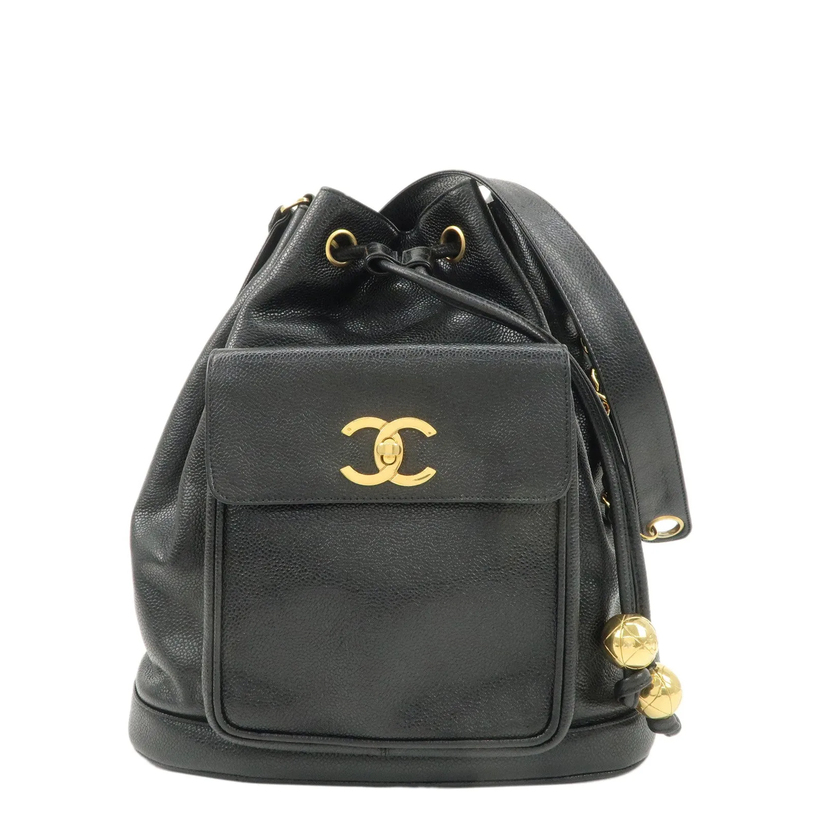 CHANEL Caviar SKin Drawstring Chain Shoulder Bag Black Used