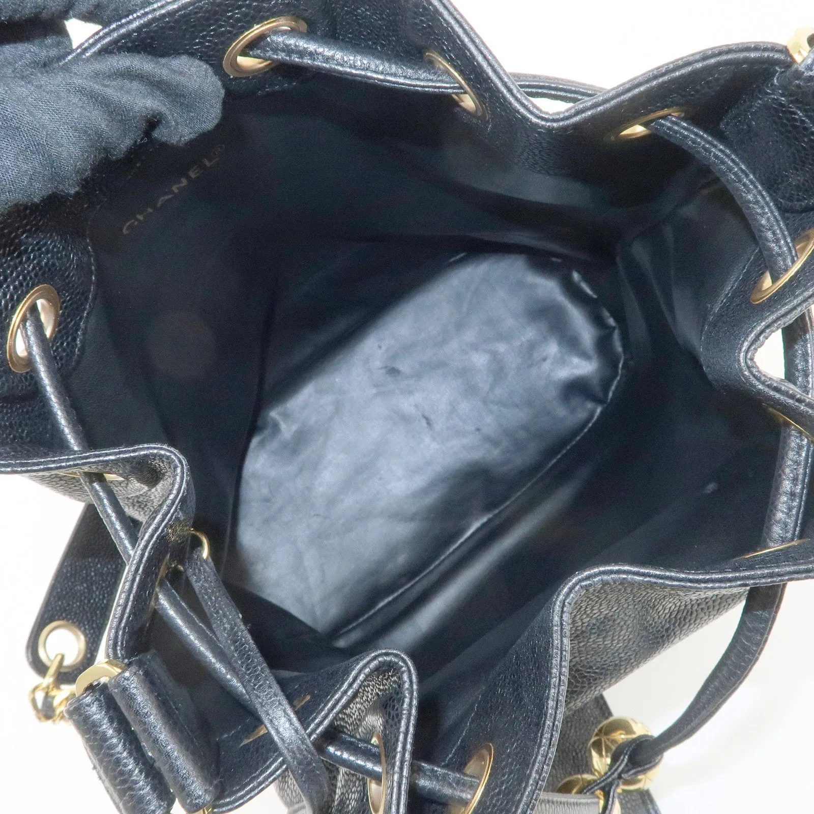 CHANEL Caviar SKin Drawstring Chain Shoulder Bag Black Used