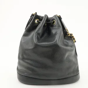 CHANEL Caviar SKin Drawstring Chain Shoulder Bag Black Used