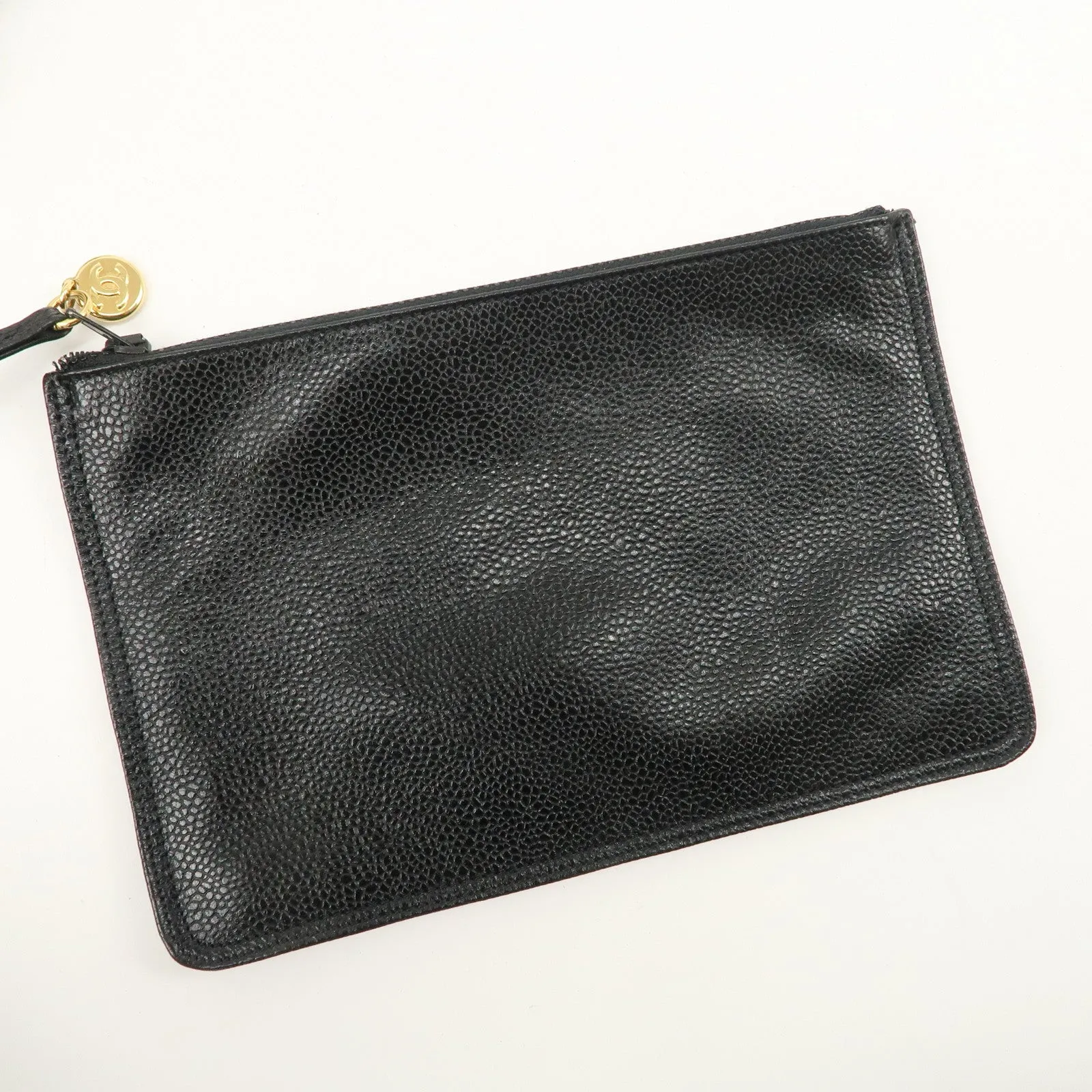 CHANEL Caviar SKin Drawstring Chain Shoulder Bag Black Used