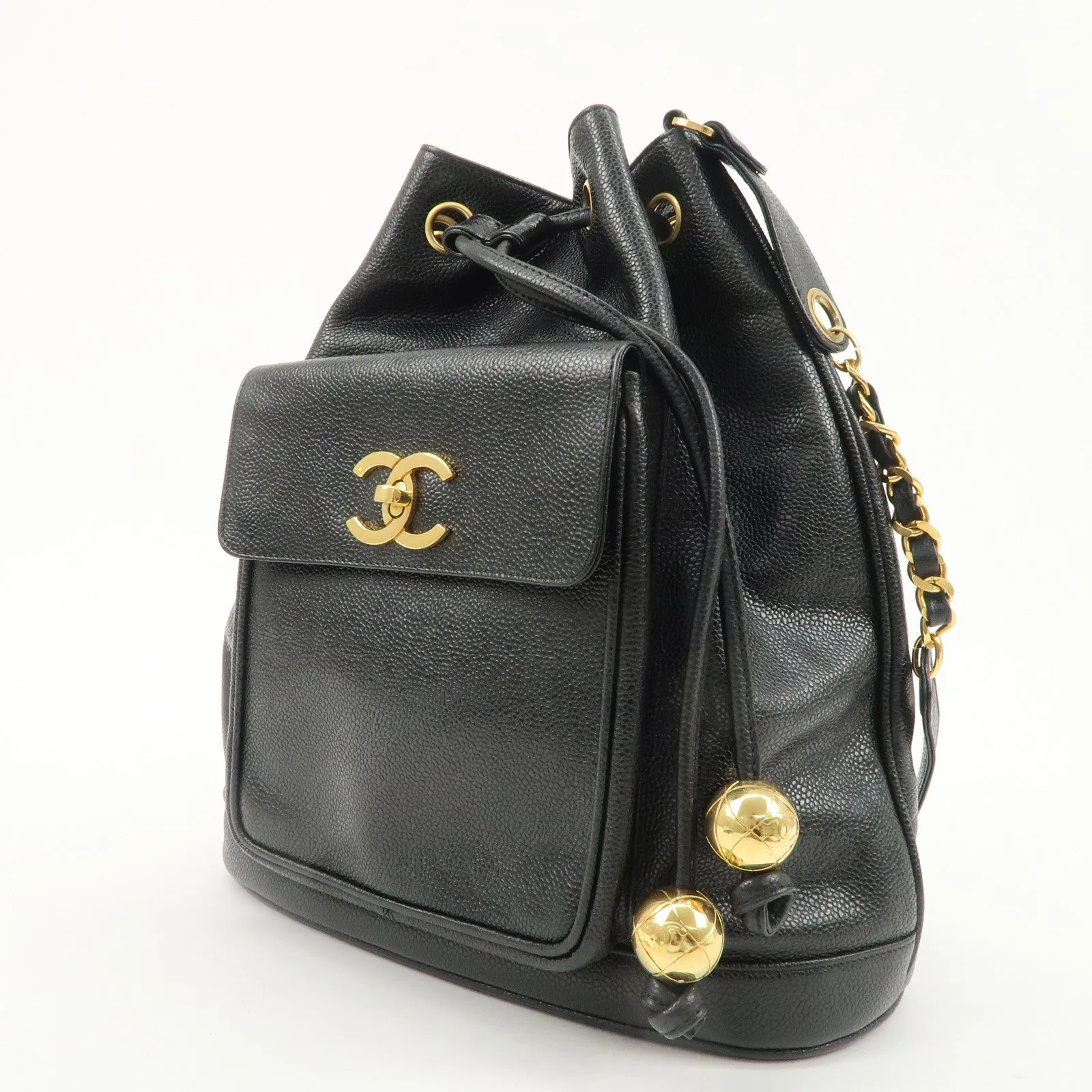 CHANEL Caviar SKin Drawstring Chain Shoulder Bag Black Used
