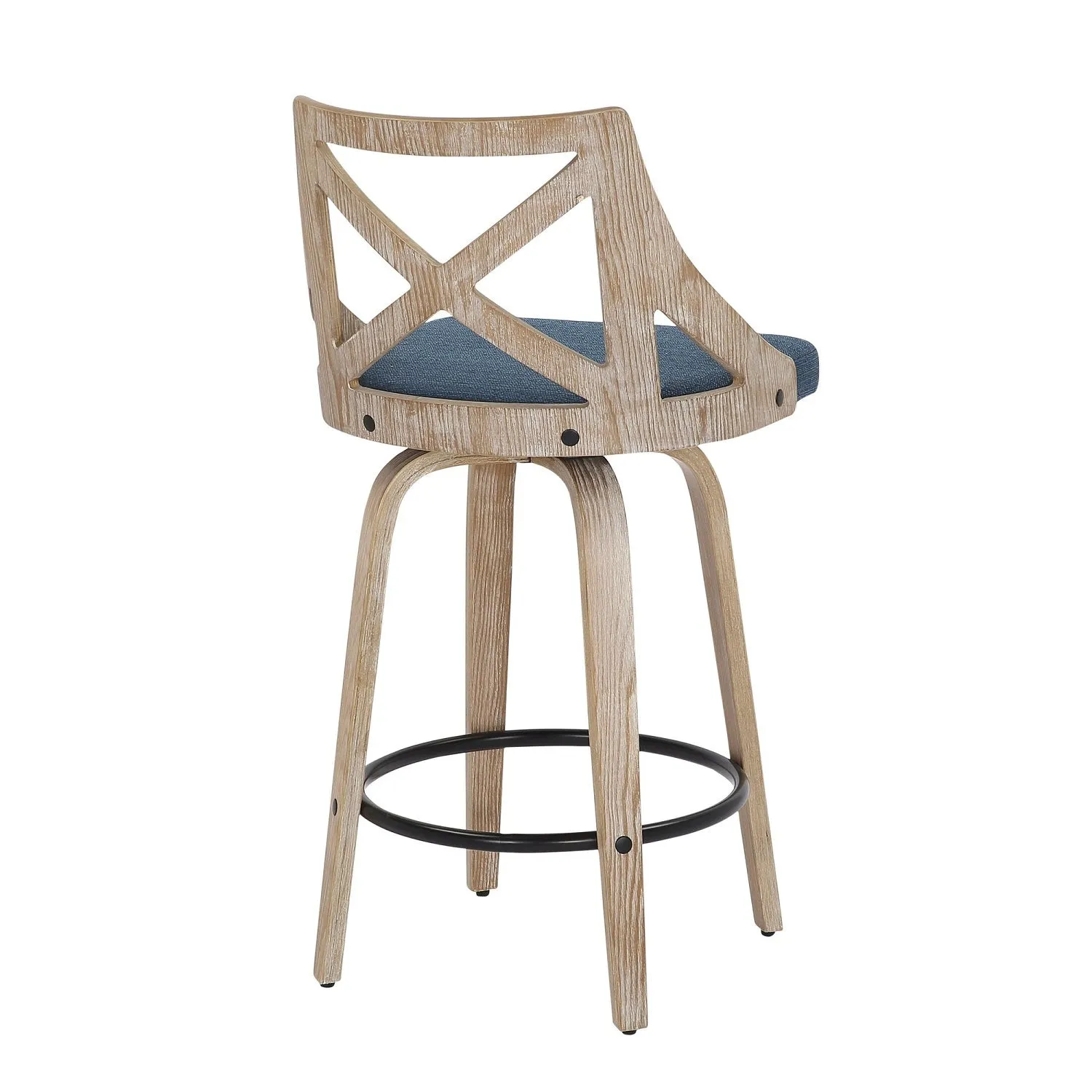Charlotte Farmhouse Counter Stool in White Washed Wood and Blue Fabric by LumiSource - Set of 2