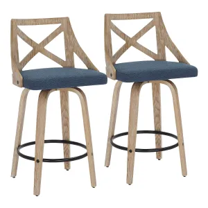 Charlotte Farmhouse Counter Stool in White Washed Wood and Blue Fabric by LumiSource - Set of 2