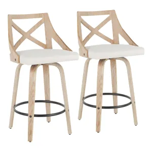 Charlotte Farmhouse Counter Stool in White Washed Wood and Cream Fabric by LumiSource - Set of 2