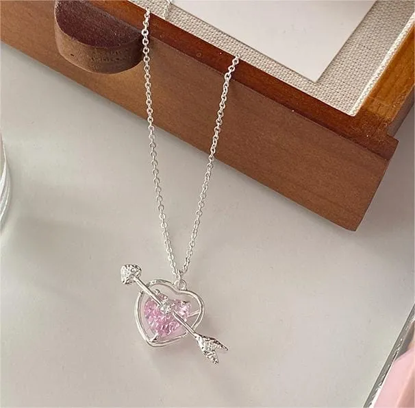 Classy Pink Crystal Cupid Arrow Heart Necklace