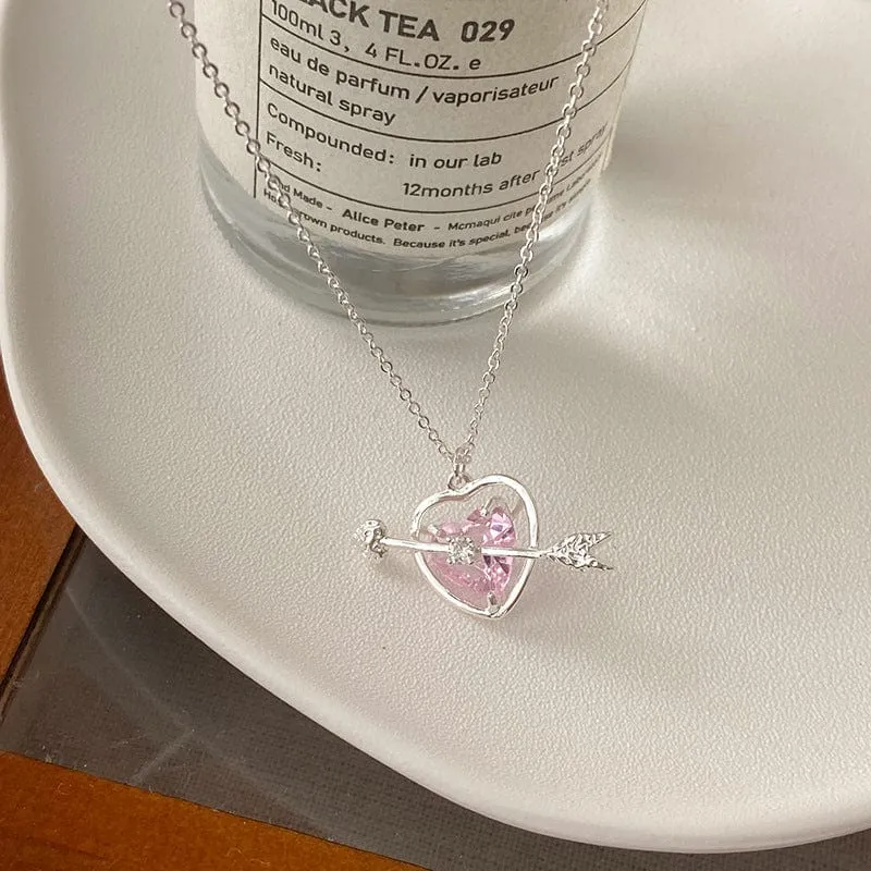 Classy Pink Crystal Cupid Arrow Heart Necklace