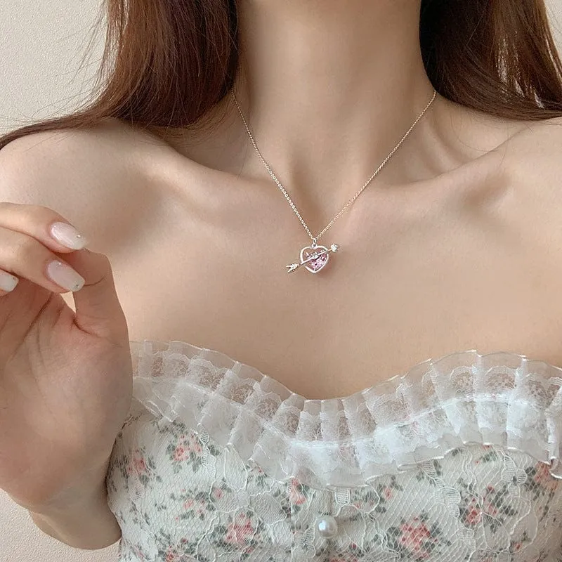 Classy Pink Crystal Cupid Arrow Heart Necklace