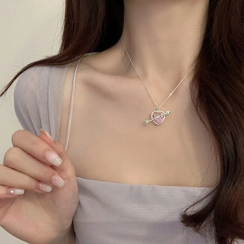 Classy Pink Crystal Cupid Arrow Heart Necklace