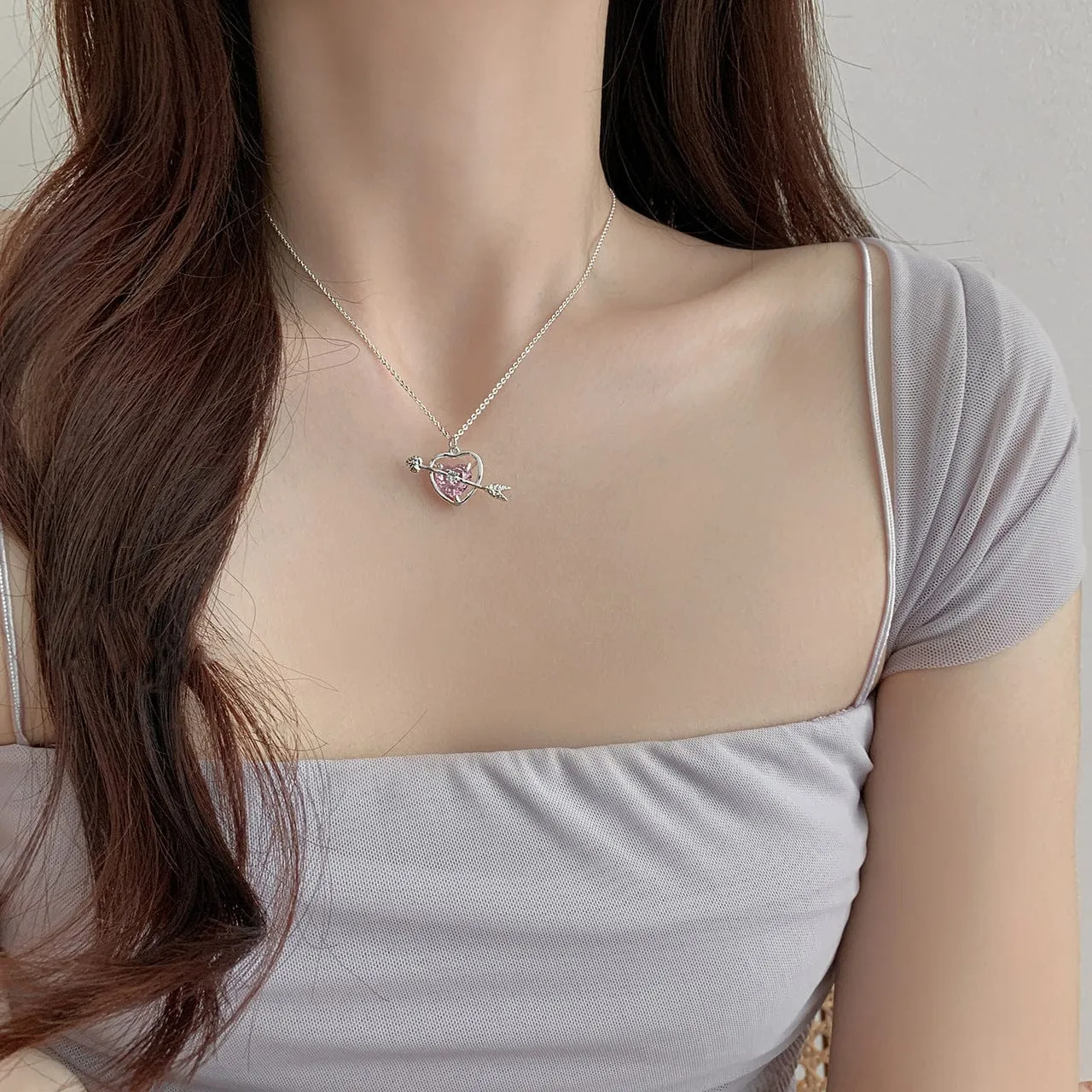 Classy Pink Crystal Cupid Arrow Heart Necklace