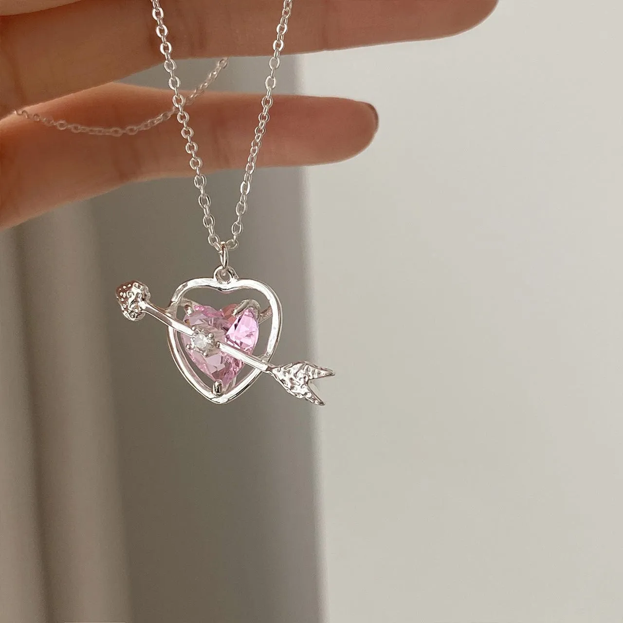 Classy Pink Crystal Cupid Arrow Heart Necklace