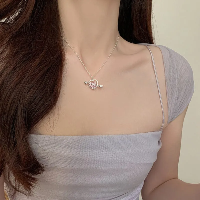 Classy Pink Crystal Cupid Arrow Heart Necklace