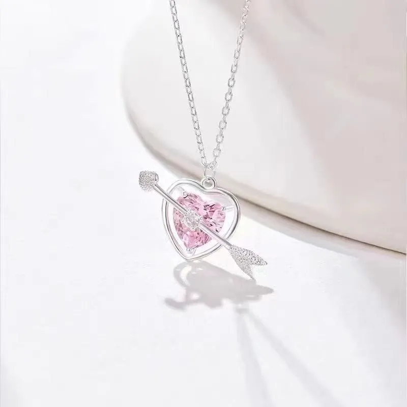 Classy Pink Crystal Cupid Arrow Heart Necklace