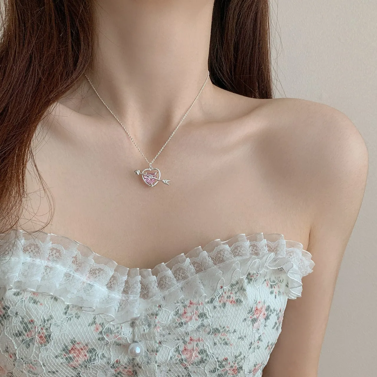 Classy Pink Crystal Cupid Arrow Heart Necklace