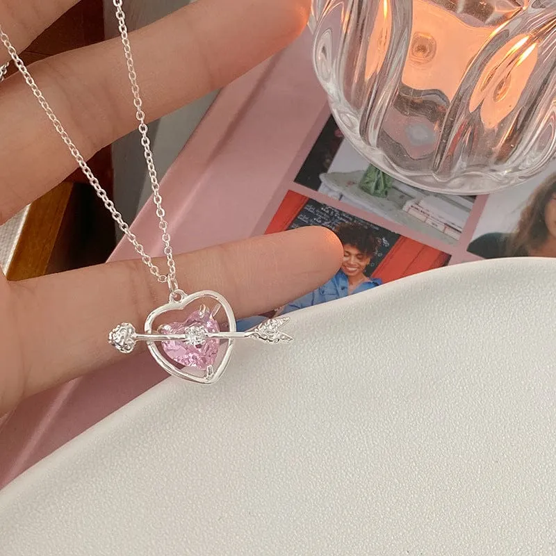 Classy Pink Crystal Cupid Arrow Heart Necklace