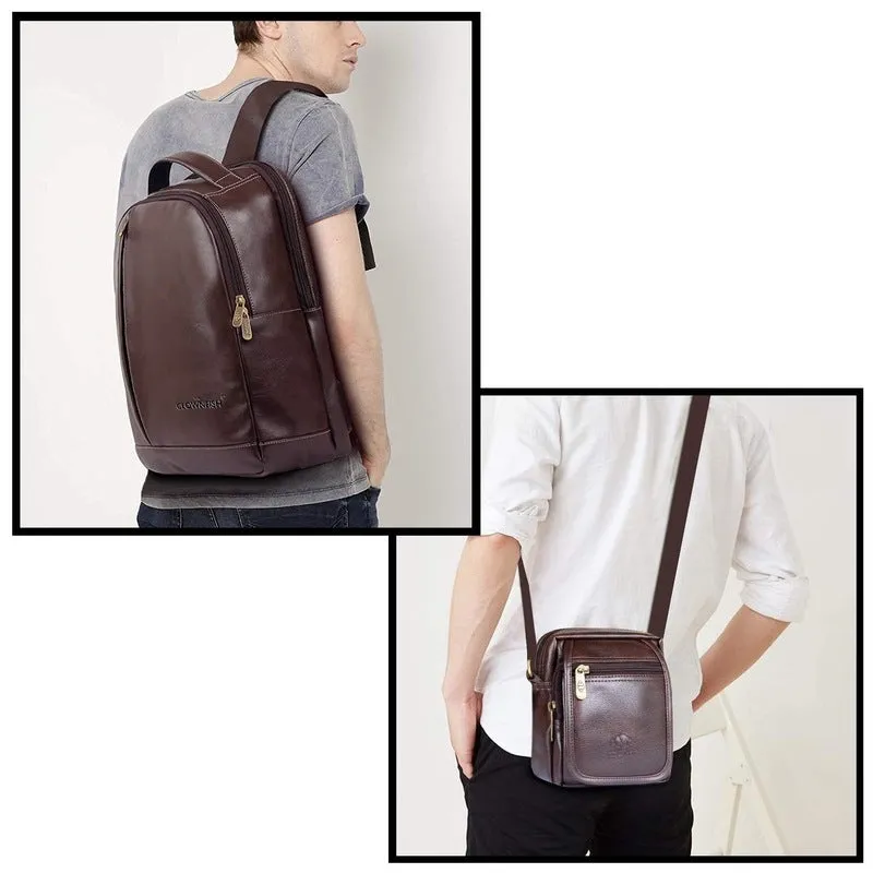 Combo: Fredrick Faux Leather 15.6 inch Laptop Backpack & Sling Bag | 27L Backpack   2L Sling | Hickory & Brown