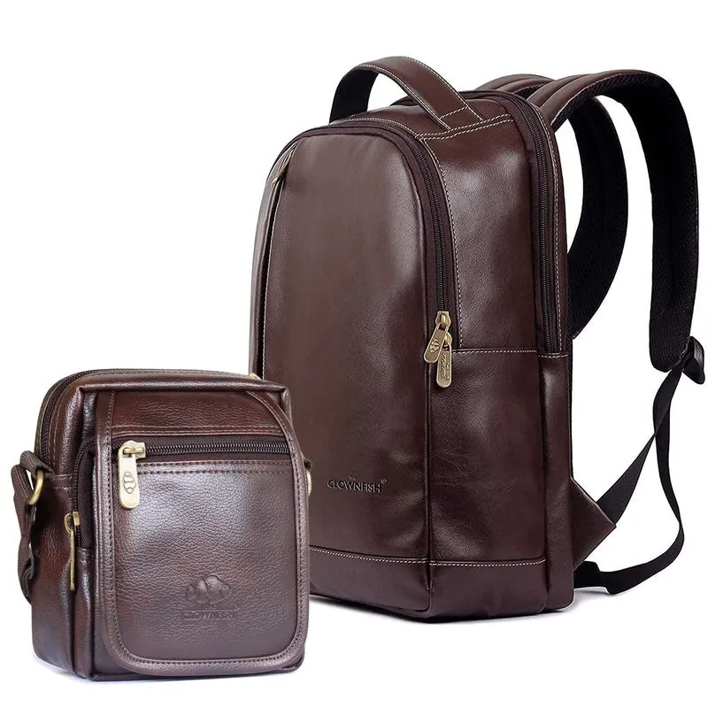 Combo: Fredrick Faux Leather 15.6 inch Laptop Backpack & Sling Bag | 27L Backpack   2L Sling | Hickory & Brown