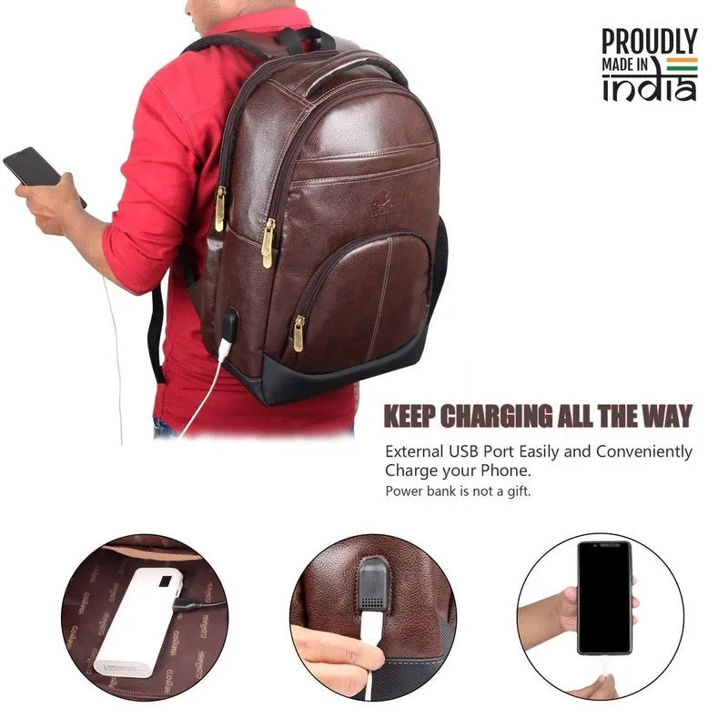 Combo: Fredrick Faux Leather 15.6 inch Laptop Backpack & Sling Bag | 27L Backpack   2L Sling | Hickory & Brown