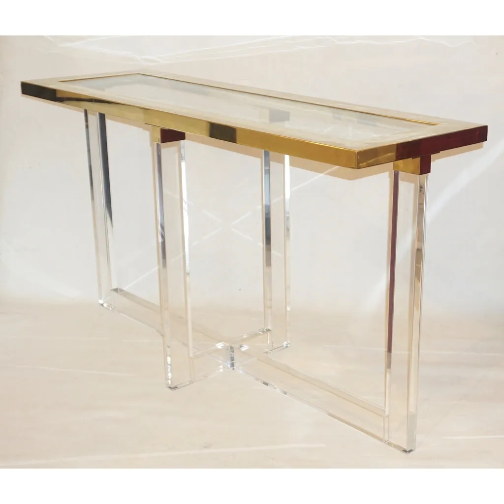 Contemporary Bespoke Modern Geometric Design Clear Lucite and Gold Steel Console