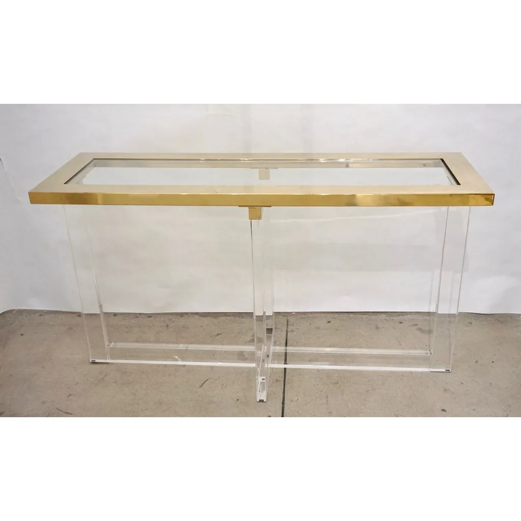 Contemporary Bespoke Modern Geometric Design Clear Lucite and Gold Steel Console