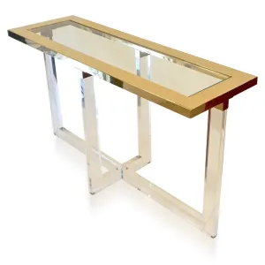 Contemporary Bespoke Modern Geometric Design Clear Lucite and Gold Steel Console