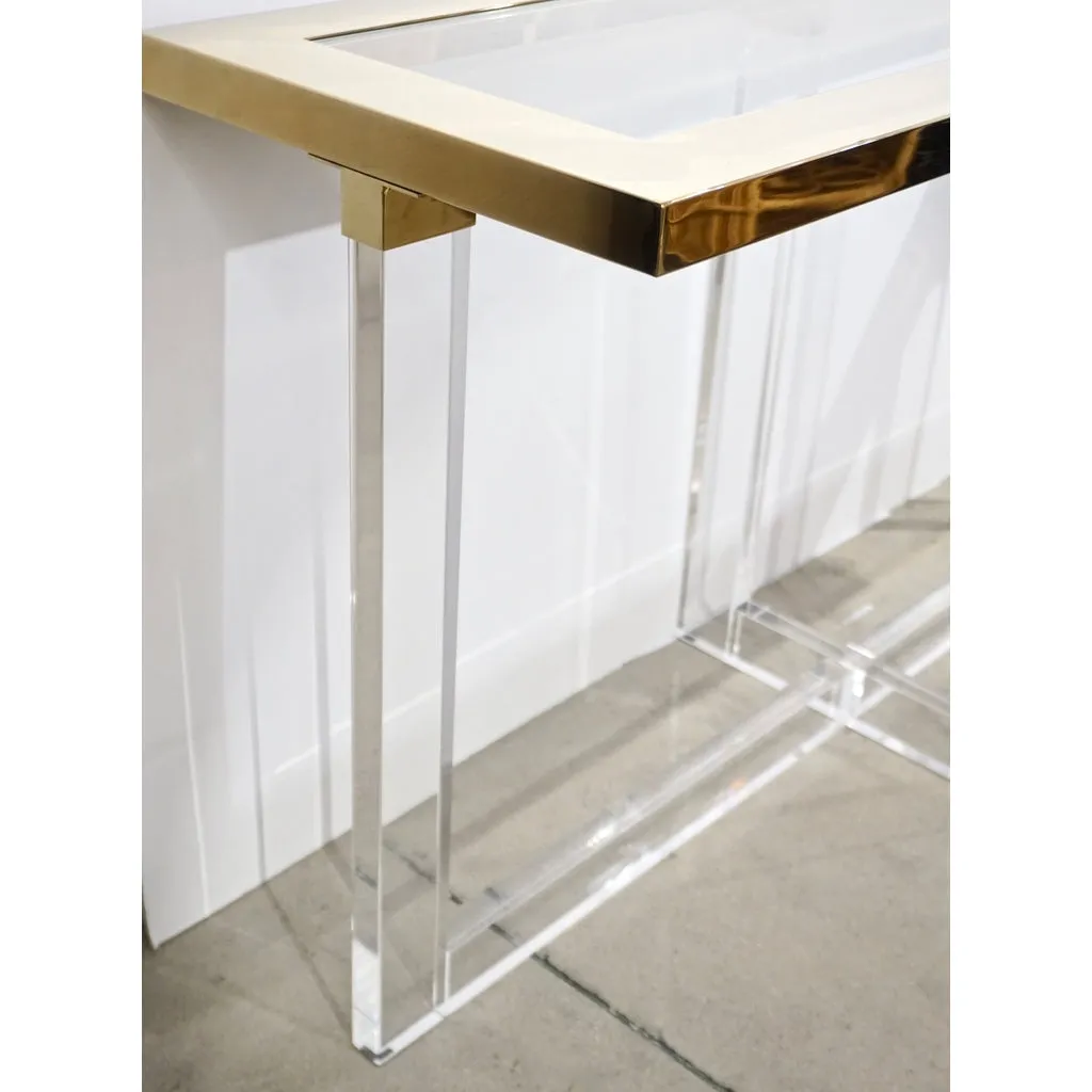 Contemporary Bespoke Modern Geometric Design Clear Lucite and Gold Steel Console