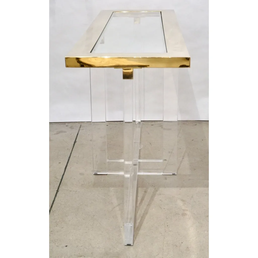Contemporary Bespoke Modern Geometric Design Clear Lucite and Gold Steel Console