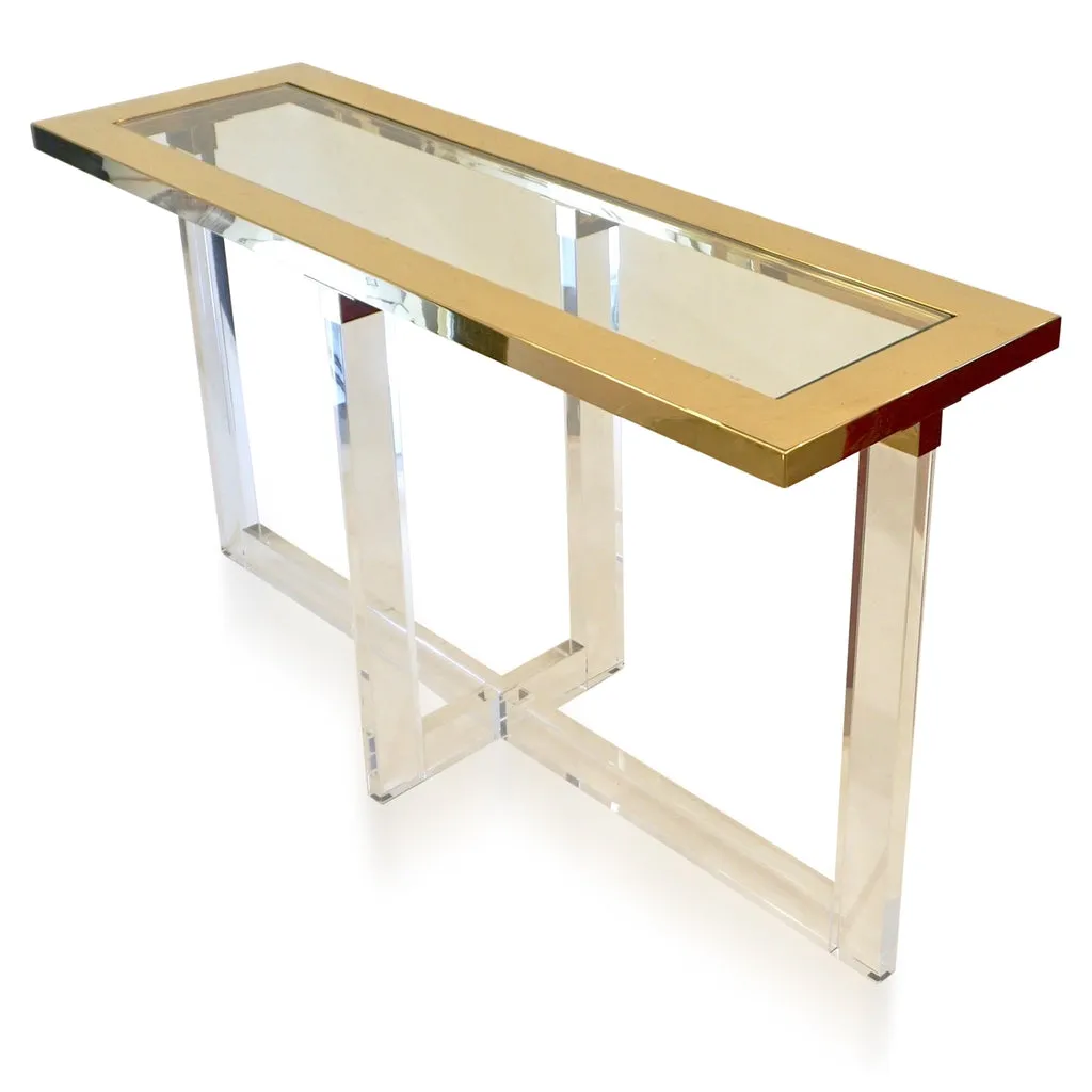Contemporary Bespoke Modern Geometric Design Clear Lucite and Gold Steel Console