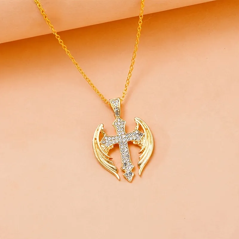 Creative Elegant Angel Cross Women's Pendant Necklace Rhinestone Pendant Women Jewelry Anniversary Birthday Gift