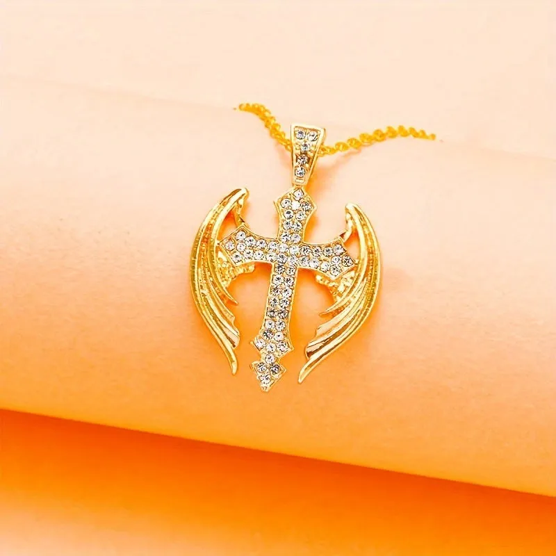 Creative Elegant Angel Cross Women's Pendant Necklace Rhinestone Pendant Women Jewelry Anniversary Birthday Gift