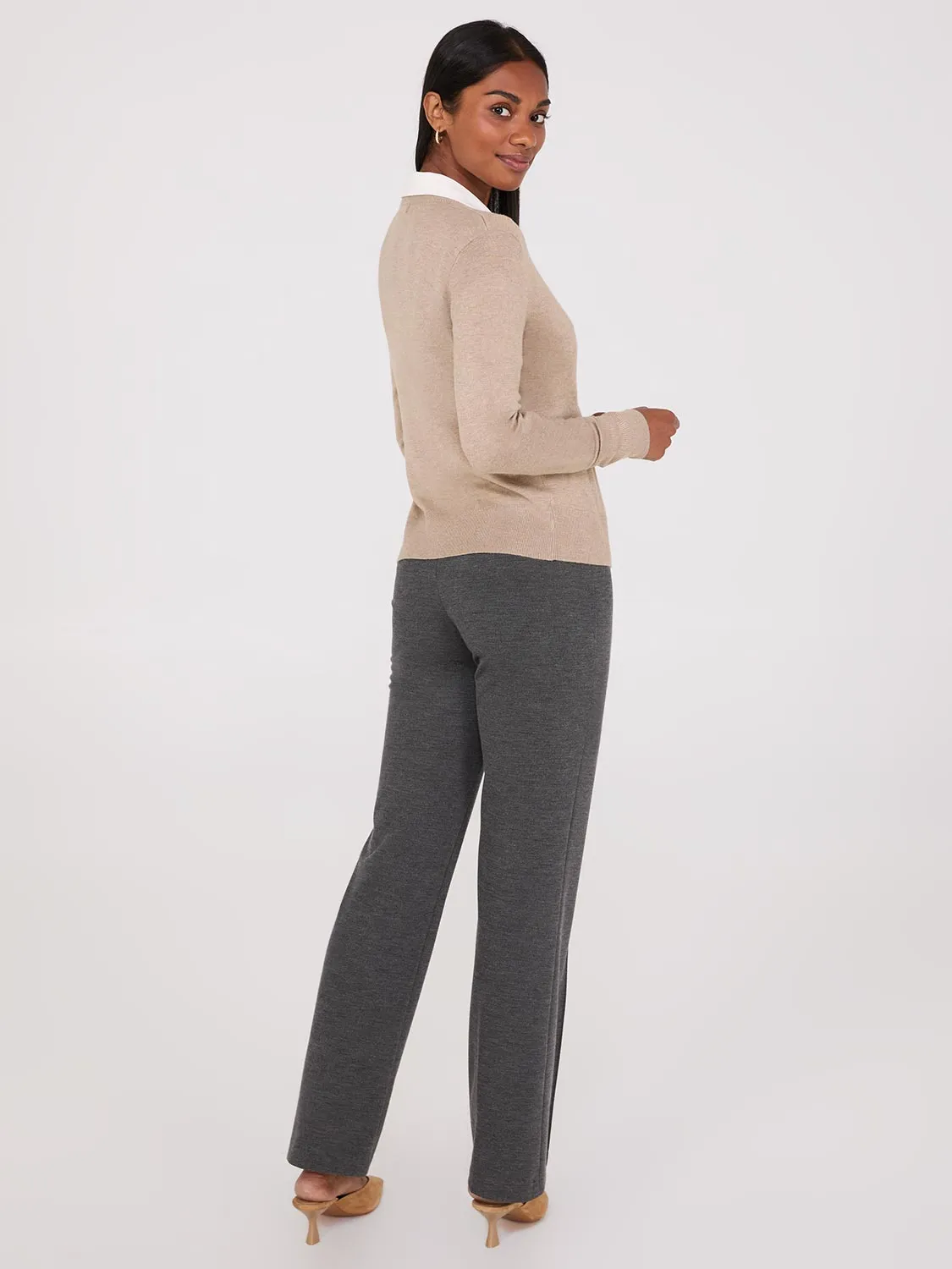 Crew Neck Cardigan With Ribbed Details