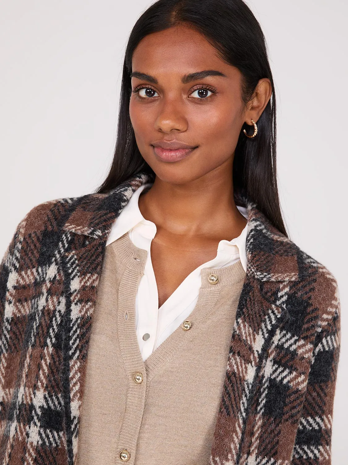 Crew Neck Cardigan With Ribbed Details