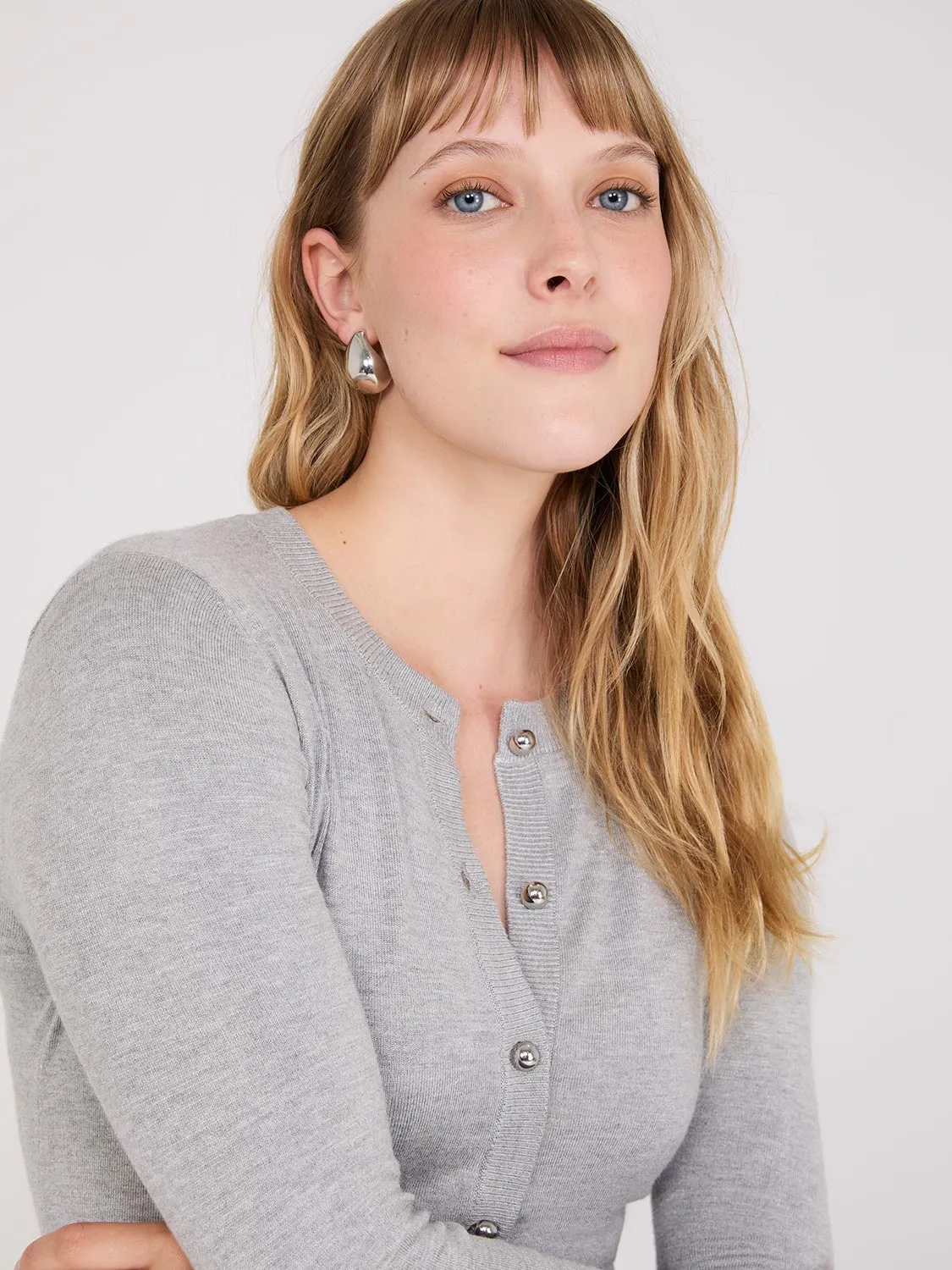 Crew Neck Cardigan With Ribbed Details