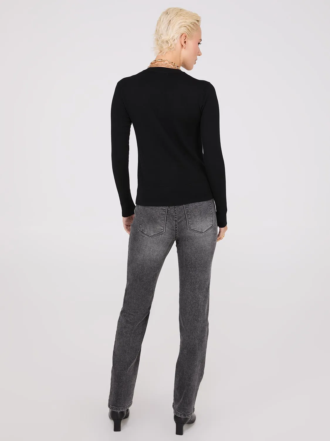Crew Neck Cardigan With Ribbed Details