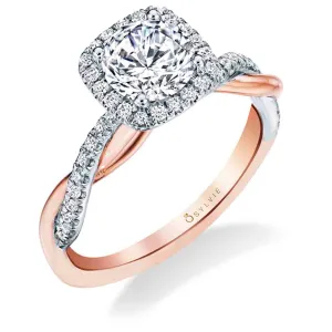 Cushion Cut Two Tone Modern Halo Diamond Spiral Engagement Ring - Coralie 18k Gold Rose