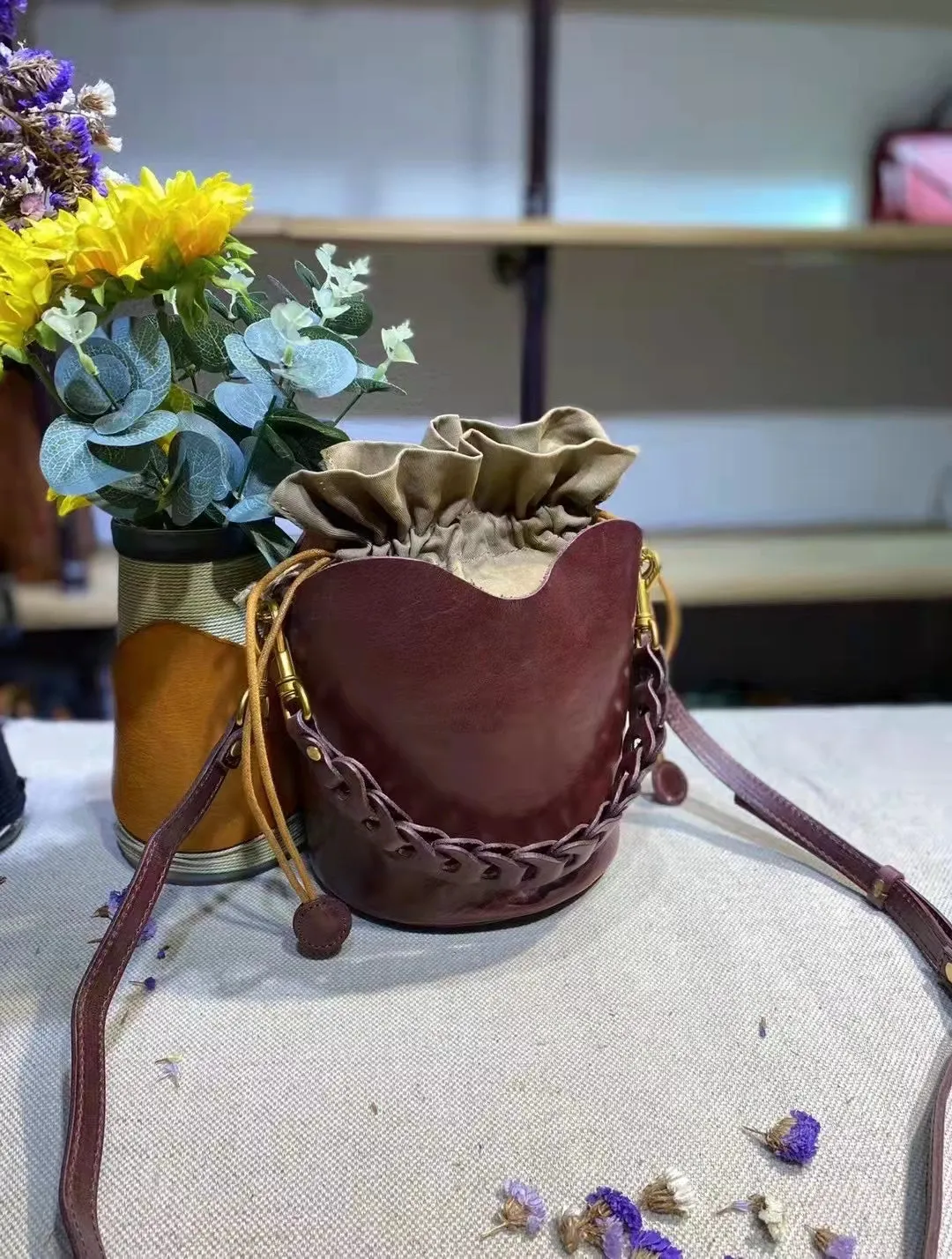 Cute Womens Genuine Leather Bucket Bags Cross Shoulder Bag For Women