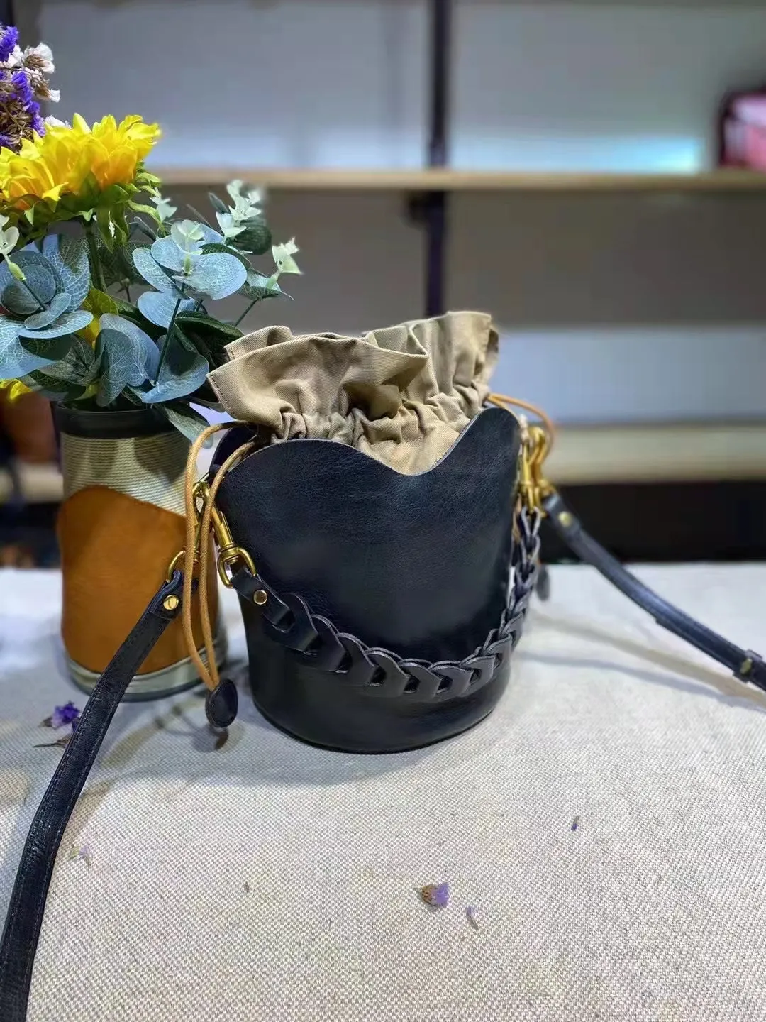 Cute Womens Genuine Leather Bucket Bags Cross Shoulder Bag For Women
