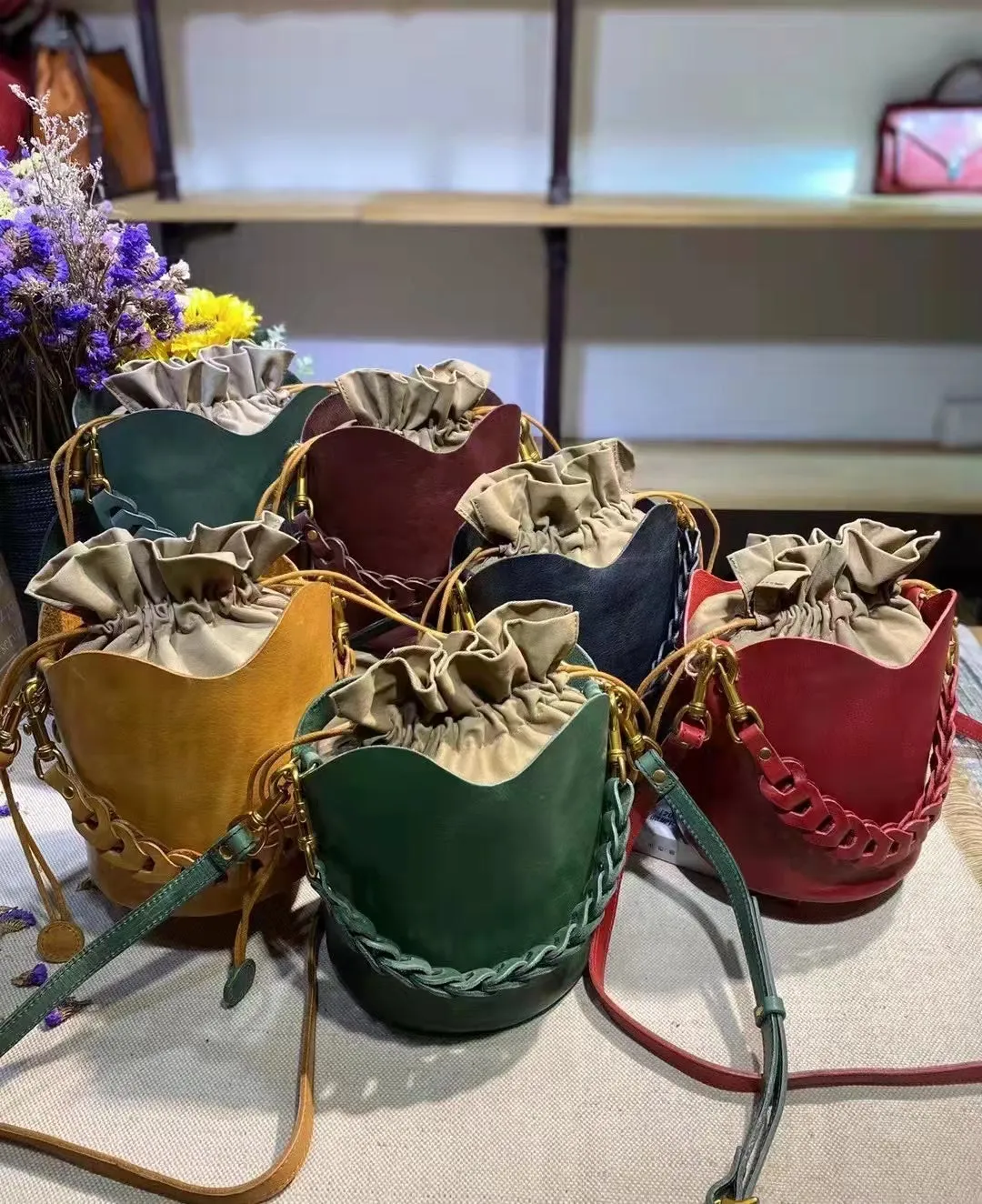 Cute Womens Genuine Leather Bucket Bags Cross Shoulder Bag For Women