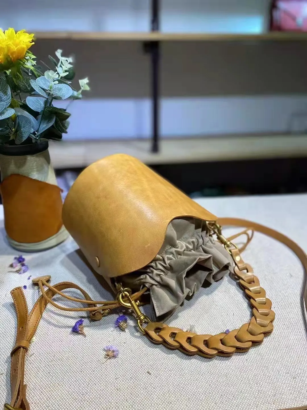 Cute Womens Genuine Leather Bucket Bags Cross Shoulder Bag For Women