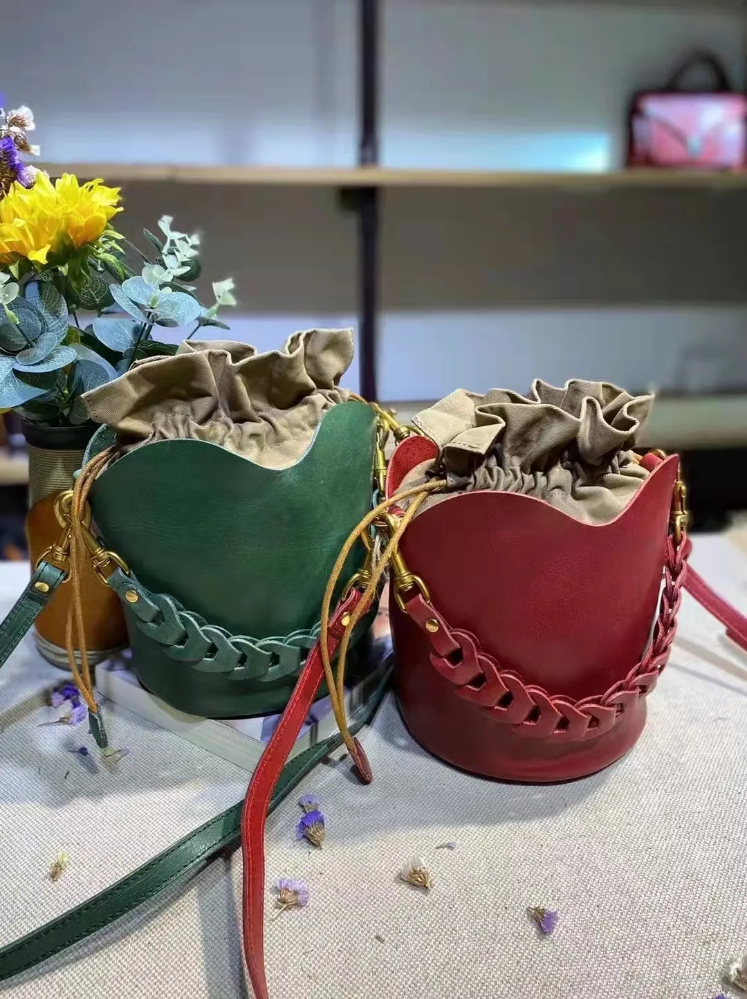 Cute Womens Genuine Leather Bucket Bags Cross Shoulder Bag For Women