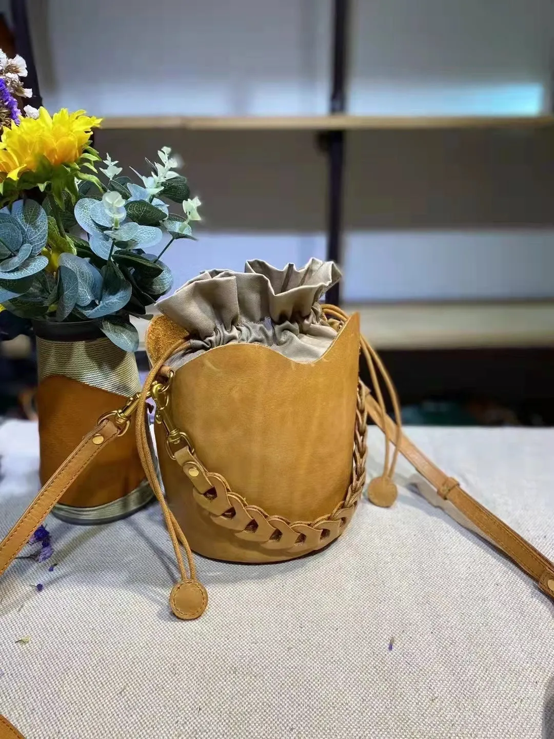 Cute Womens Genuine Leather Bucket Bags Cross Shoulder Bag For Women