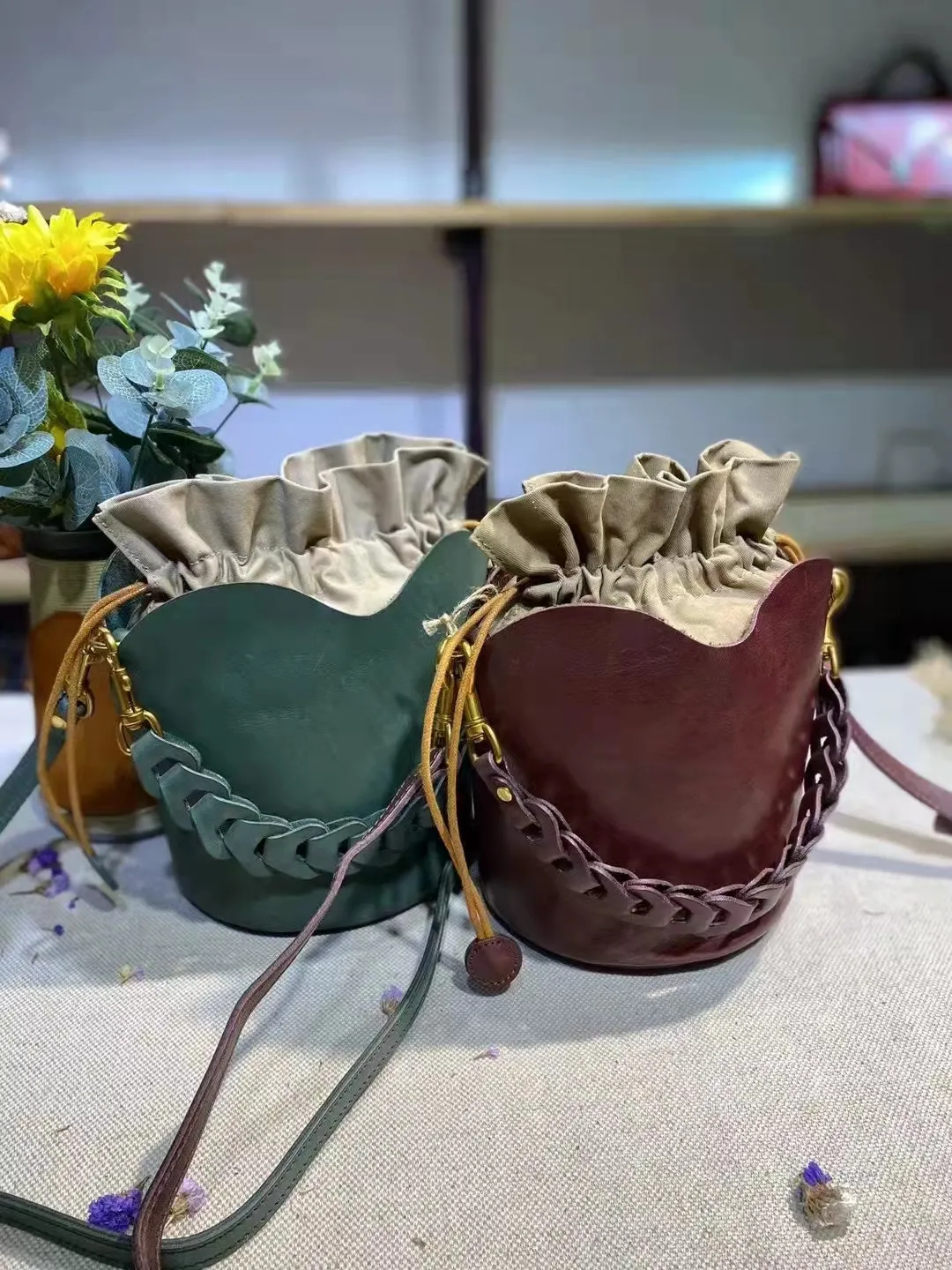 Cute Womens Genuine Leather Bucket Bags Cross Shoulder Bag For Women