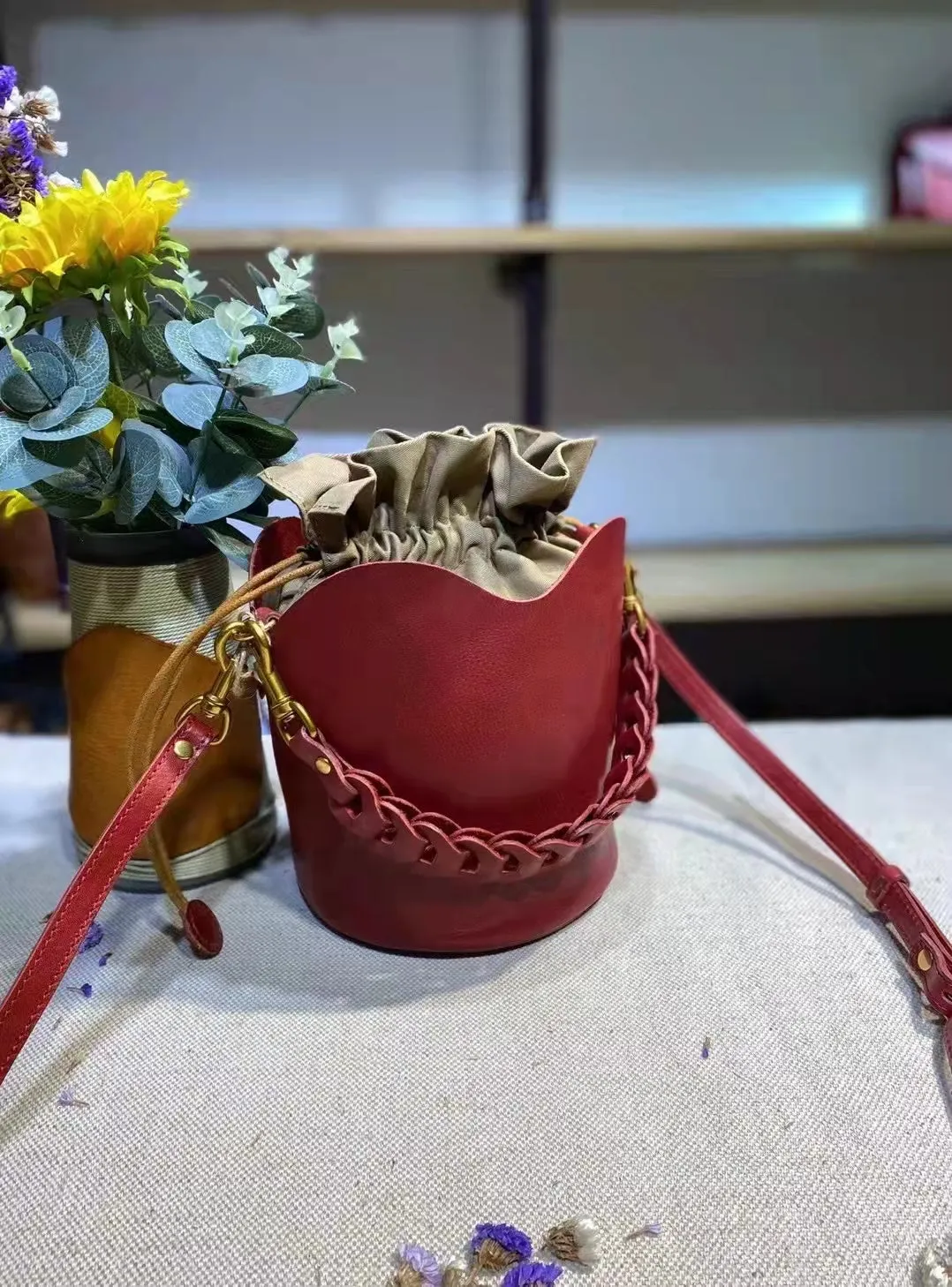 Cute Womens Genuine Leather Bucket Bags Cross Shoulder Bag For Women