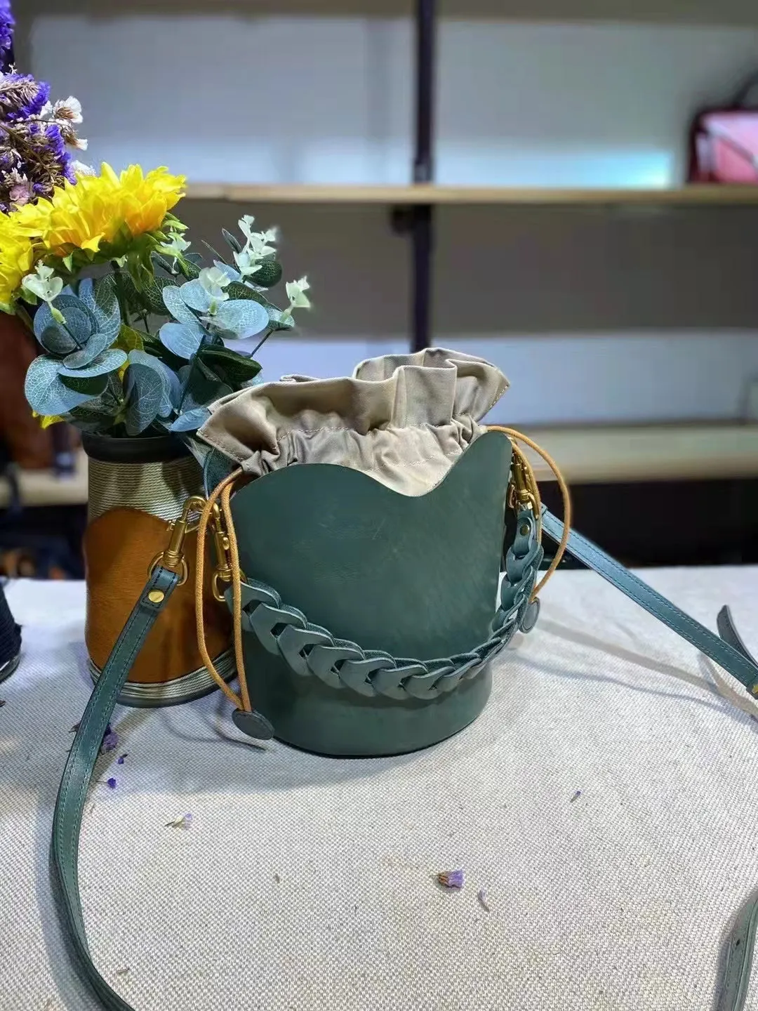 Cute Womens Genuine Leather Bucket Bags Cross Shoulder Bag For Women