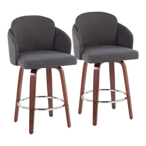 Dahlia Contemporary Counter Stool in Walnut Wood and Grey Fabric with Round Chrome Footrest by LumiSource - Set of 2