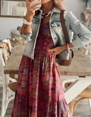 Disty Floral Print V Neck Short Sleeve Maxi A Line Dresses